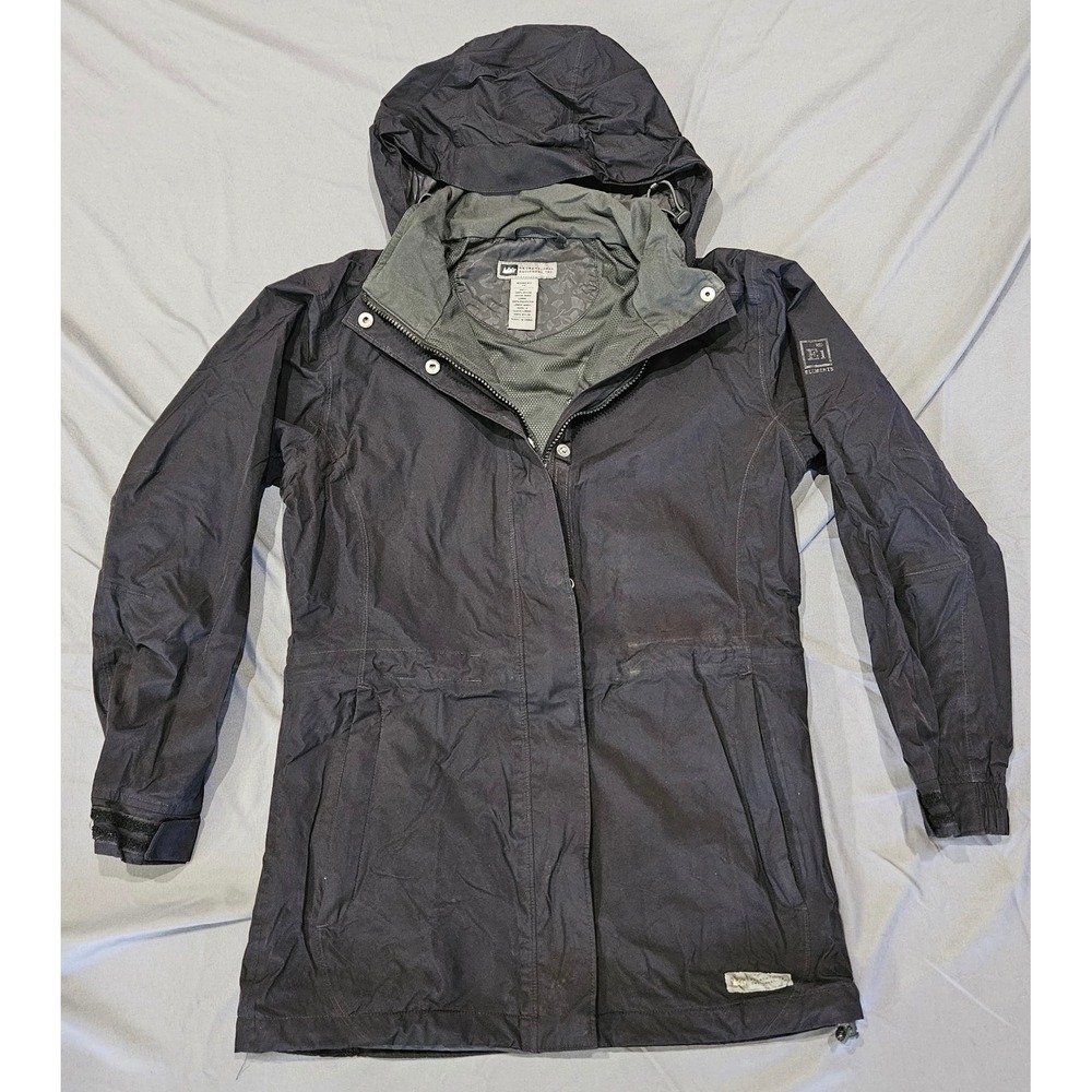REI Rain Jacket Womens XS Black Elements Hooded Parka Coat
